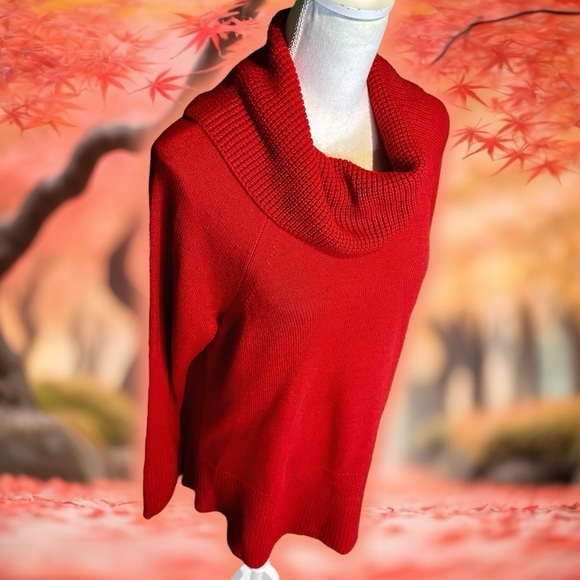 Calvin Klein Red Cowl Neck Knit Pullover Crocheted Trim Sweater Size Large - Picture 12 of 13